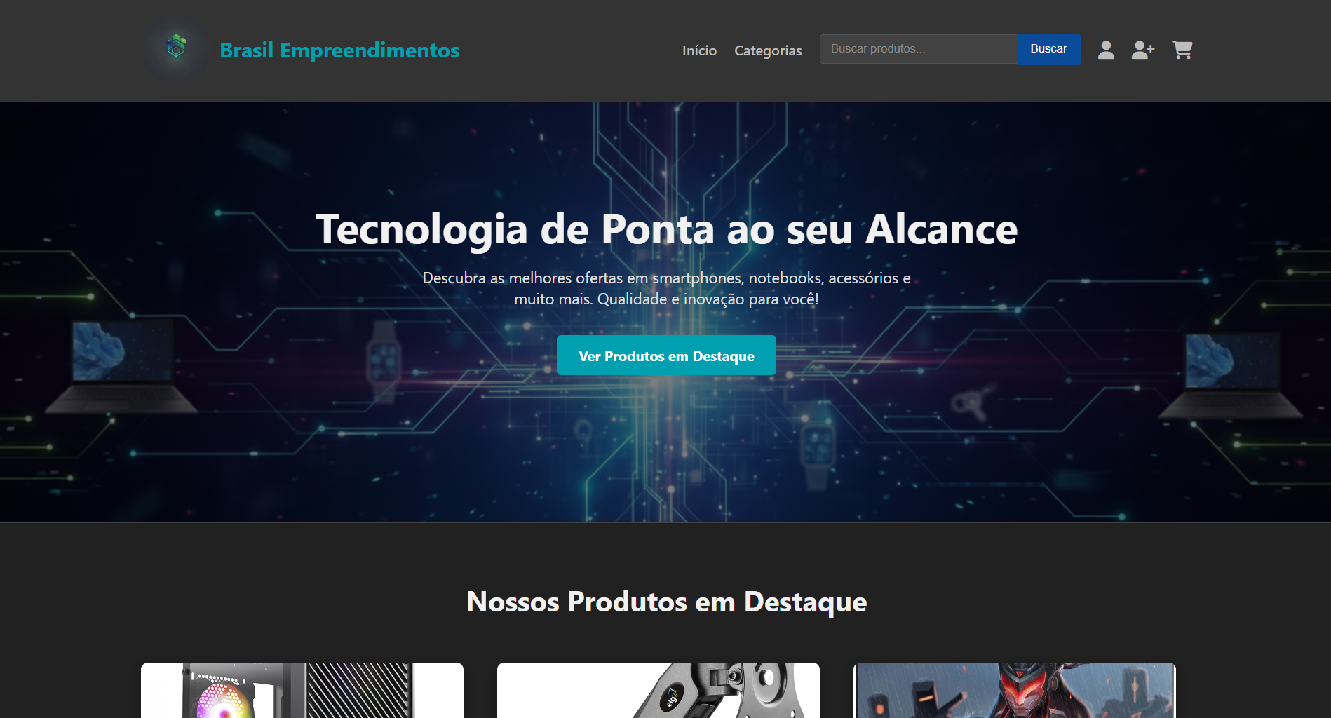Visão da página inicial responsiva do site, com menu de navegação e seção de introdução.