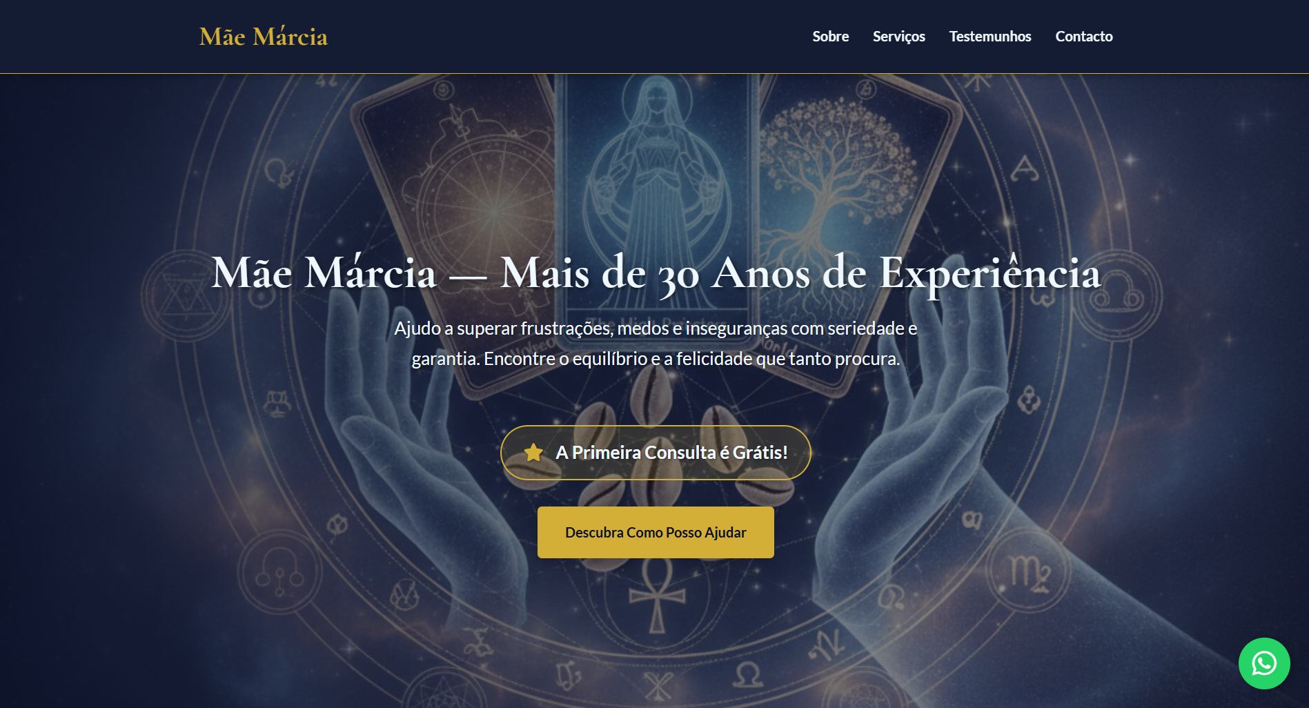 Visão da página inicial responsiva do site, com menu de navegação e seção de introdução.